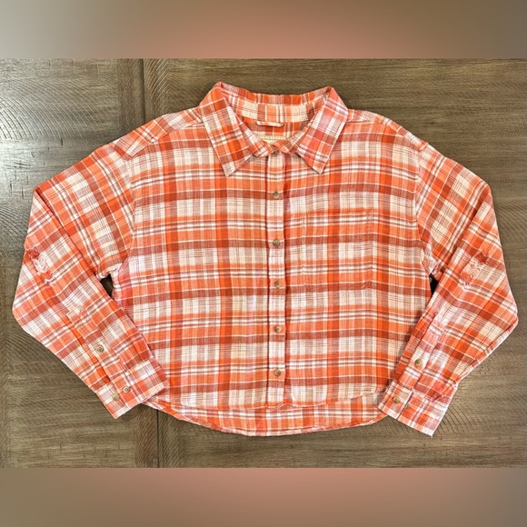 American Eagle Outfitters Orange Plaid Button Down Crop Top Blouse Size Medium - Picture 14 of 16